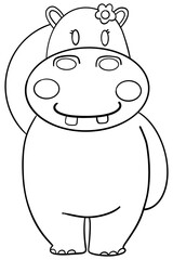Outline coloring , Cute cartoon hippo with a flower and friendly expression.