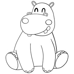 Outline coloring , Cute cartoon hippo character smiling happily.