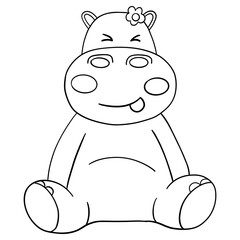 Outline coloring , Happy cartoon hippo with flower, playful expression.