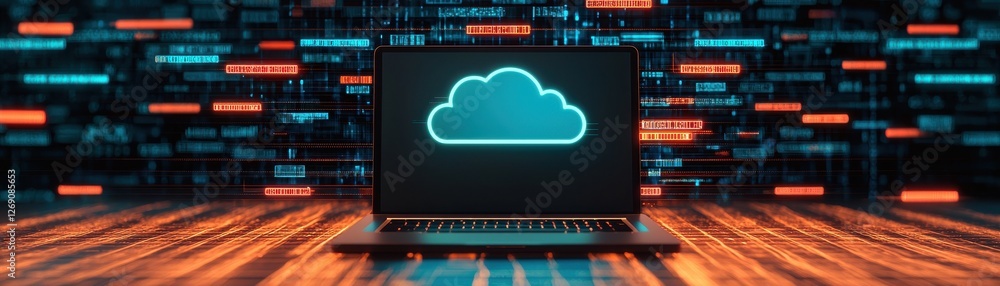 Aufkleber laptop with cloud icon on screen surrounded by digital data and bright circuits in a futuristic envi