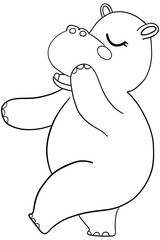 Outline coloring , Happy dancing cartoon hippo character illustration.