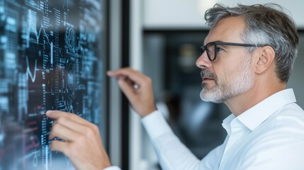 Analyzing Data: A mature businessman with a serious expression studies an interactive digital display filled with financial data.