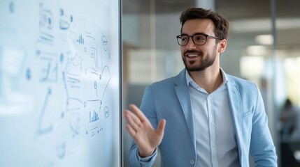 Confident Businessman Presenting: A charismatic businessman in a light blue blazer, smiles confidently as he gestures towards a whiteboard filled with diagrams and charts.