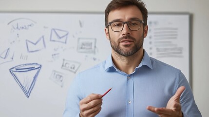 Explaining Digital Marketing: A confident speaker gestures with a red marker.