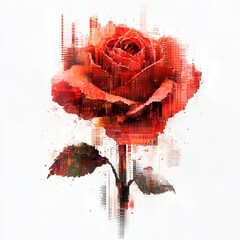 "Digitally Altered Red Rose with Glitch Effects - A Fusion of Traditional Painting and Modern Digital Art