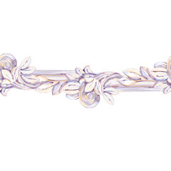 Horizontal Seamless Border Decorative Of Antique Sculpture, Ornament Of Scrolls And Leaves, Pastel Light Purple, Beige, Pink, Graceful Shapes, Elegant Watercolor Illustration On White Background