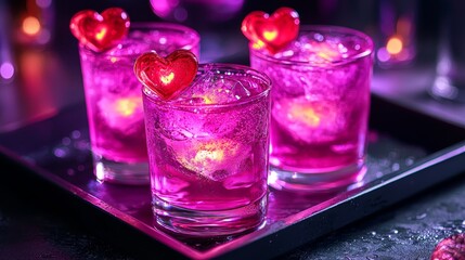 Vibrant cocktail glasses filled with glowing pink drinks, topped with neon heart shaped garnishes and served on a sleek black tray