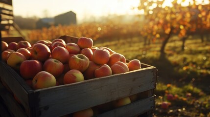 Freshly Harvested Apples in Wooden Crate at Sunset in Orchard