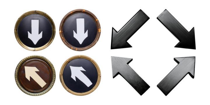 Directional Arrow Signs for Navigation and Traffic Guidance, isolated on transparent background
