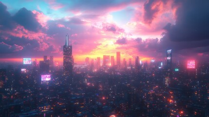 Obraz premium A futuristic cityscape with towering skyscrapers, hovering cars, and colorful digital billboards, all under a sky that fades from blue to purple at night.