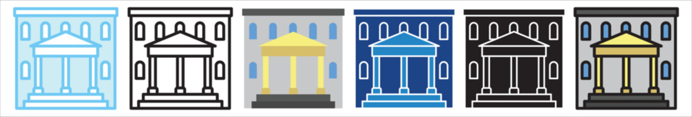 Obraz premium Museum multi style, mini illustration icon. outline, flat, glyph, line color, UI, UX, app and web, digital or print. For education, construction, transportation, environment, urban planning.