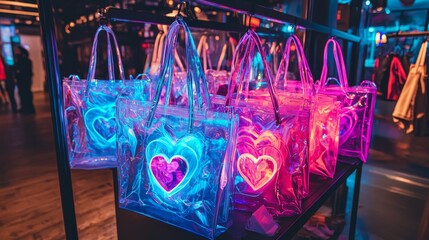Vibrant neon heart themed tote bags with glowing print designs, styled in a casual streetwear setup under soft lighting