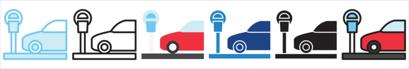 Parking Meter multi style, mini illustration icon. outline, flat, glyph, line color, UI, UX, app and web, digital or print. For education, construction, transportation, environment, urban planning.