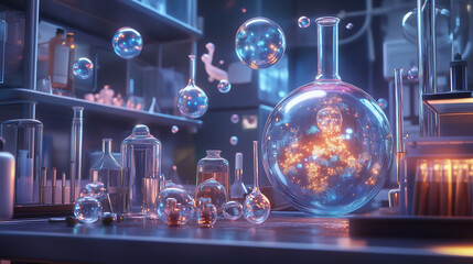 Surreal lab where scientists extract and analyze colorful dream bubbles, floating thought experiments, 8k whimsical details