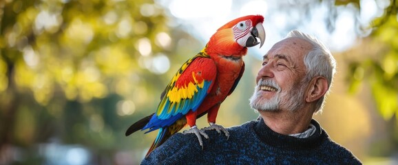 A parrot playfully sitting on an old mans shoulder, mimicking his words