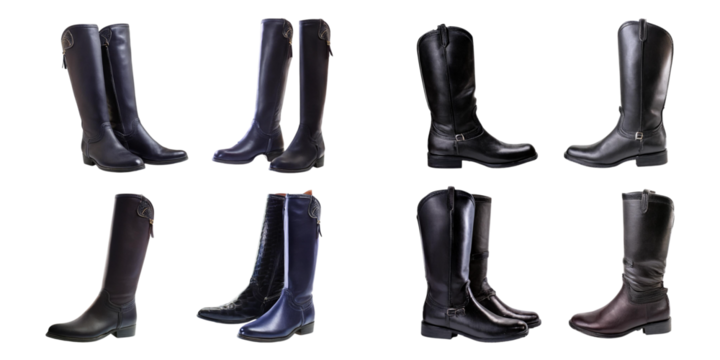 Collection of Stylish Leather Boots in Various Colors and Designs, isolated on transparent background