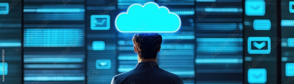 Poster person contemplating cloud technology with digital data display in background for innovative concept