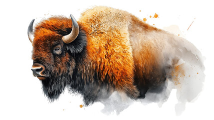 A buffalo with brown and white fur is standing in front of a white background