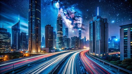 Obraz premium Night Cityscape: Illuminated Buildings and Starry Sky - Stunning Urban Night Photography