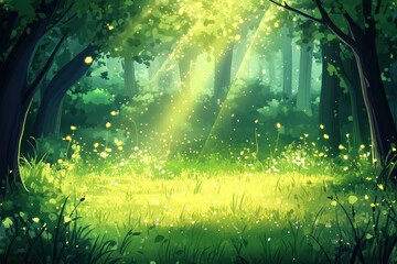 Magical Forest with Sunlight and Sparkling Particles in Background