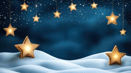 A serene winter scene featuring golden stars hanging above a snowy landscape under a dark blue sky filled with twinkling stars.