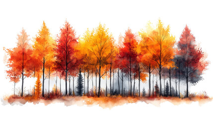 A painting of a forest with trees in various stages of autumn