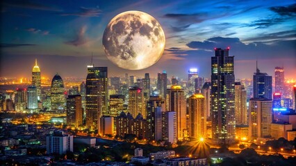 Night Cityscape Full Moon Stock Photo: Majestic Urban Night Scene with Bright Moon