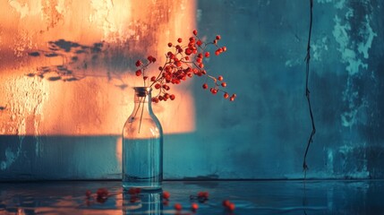Vase with red berries in a moody artistic setting