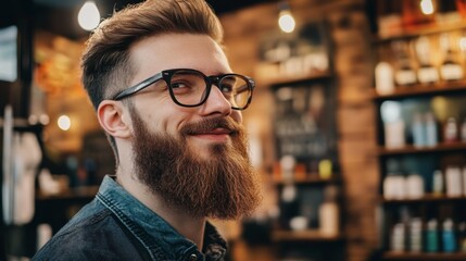 Portrait of a bearded man smiling in a warmly lit cafe