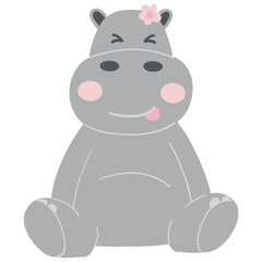 Cute cartoon hippo with a flower, smiling and playful.