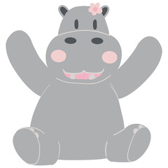 Cute cartoon hippo with a flower, smiling and waving.