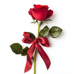 Single Red Rose with Green Stem and Leaves Adorned with a Red Ribbon Bow, Capturing the Classic Symbol of Love and Romance on a White Background