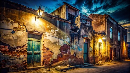 Fototapeta premium Night Photography: Crumbling Vintage Wall, Old Plaster Texture, Decaying Brickwork, Urban Decay, Grungy Background