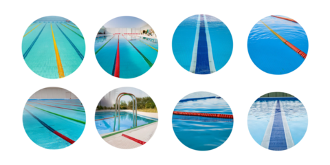 Various Swimming Pool Designs with Lanes and Water Reflections, isolated on transparent background
