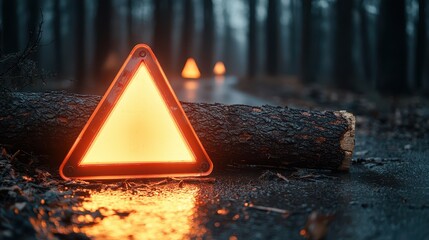 Fallen Tree Accident Concept, Reflective Caution Triangle Positioned Near a Fallen Log on a Dimly Lit Forest Pathway