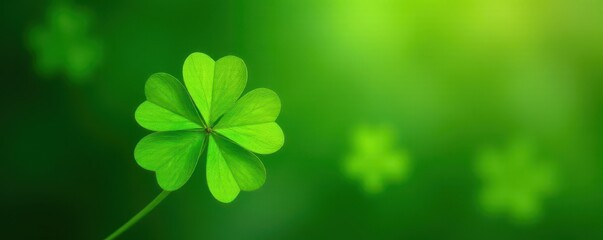 Vibrant green four-leaf clover on blurred background, St Patrick's Day, nature