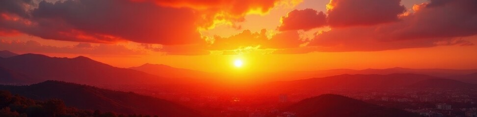 Obraz premium Vibrant orange sunset panorama, sun glowing brightly, vista, rays