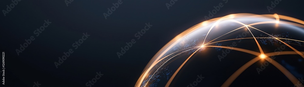 Poster artistic depiction of global connectivity with bright lines on a dark background illustrating digita