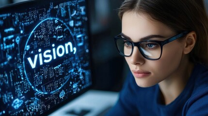 A young woman with glasses focuses on a computer screen displaying the word "vision" amidst a digital, data-driven background.