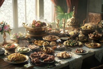 Naklejka premium Lavish Banquet Table Setting with Various Traditional Dishes