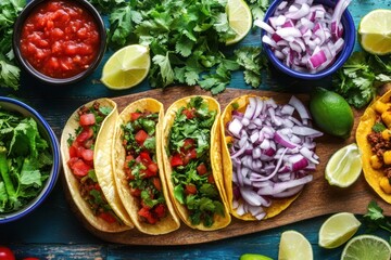 Culinary adventure a colorful spread of fresh tacos on a wooden table vibrant ingredients outdoor setting close-up view flavorful experience