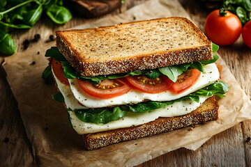 Savory sandwiches featuring mozzarella tomatoes and rye bread Overhead view
