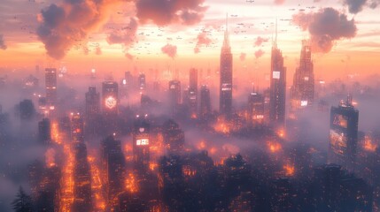 Obraz premium A futuristic digital metropolis with transparent glass buildings, floating screens, self-driving vehicles, and drones flying overhead, all illuminated by holographic lights.