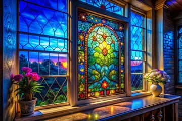 Obraz premium Night Photography: Illuminated Stained Glass Window, Gothic Architecture, Dark Blue Hues, Mystical Glow