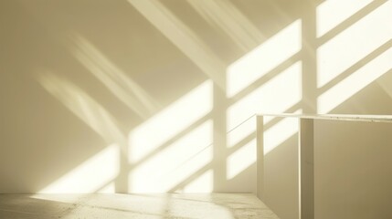 Sunlit Minimalist Interior: Abstract Light and Shadow Play on White Walls and Platform
