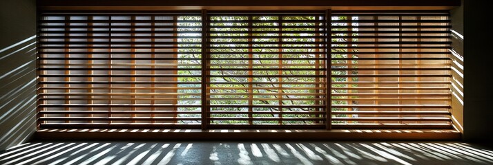Wooden window blinds showing sunlight and trees