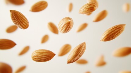 Fototapeta premium Almonds falling, white background, food photography, healthy snack (2)
