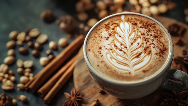 Cup of creamy latte with cinnamon sticks and latte art.