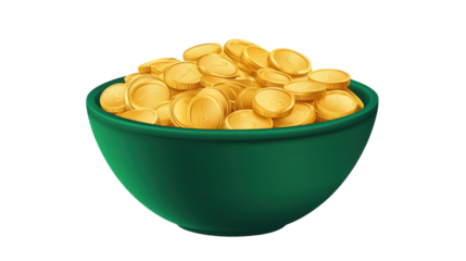 Bowl with golden coins isolated on white background 