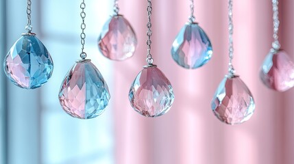 Elegant hanging crystal droplets reflecting light in a soft pastel setting, creating a serene ambiance